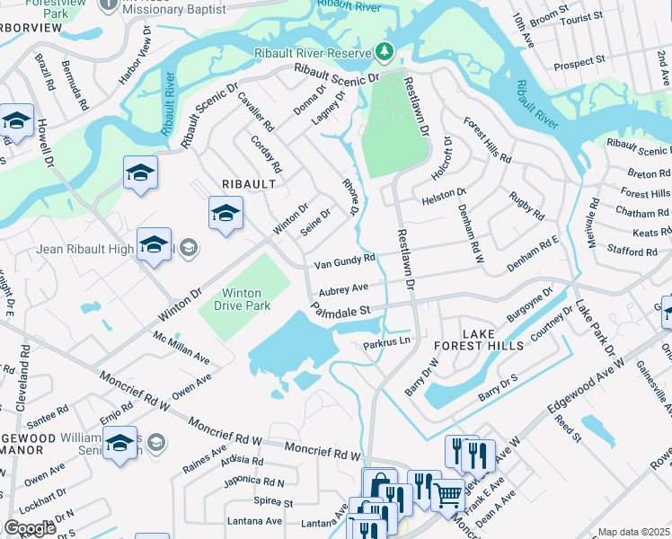 map of restaurants, bars, coffee shops, grocery stores, and more near 2912 Van Gundy Road in Jacksonville