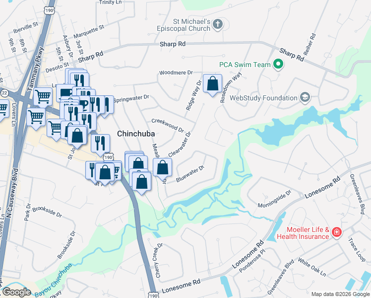 map of restaurants, bars, coffee shops, grocery stores, and more near 1230 Clearwater Drive in Mandeville