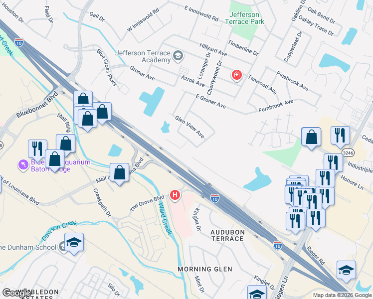 map of restaurants, bars, coffee shops, grocery stores, and more near 6015 Glen Vista Drive in Baton Rouge