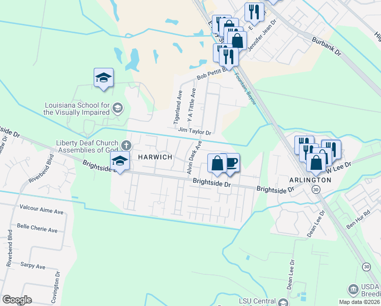 map of restaurants, bars, coffee shops, grocery stores, and more near 4952 Alvin Dark Avenue in Baton Rouge