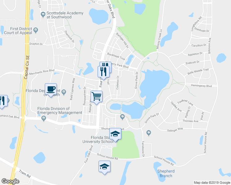 map of restaurants, bars, coffee shops, grocery stores, and more near 4084 Colleton Court in Tallahassee