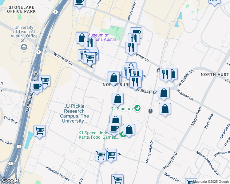 map of restaurants, bars, coffee shops, grocery stores, and more near 10620 Burnet Road in Austin