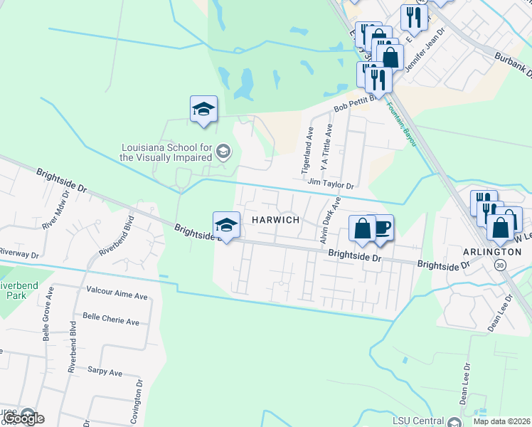 map of restaurants, bars, coffee shops, grocery stores, and more near 1542 Sharlo Avenue in Baton Rouge