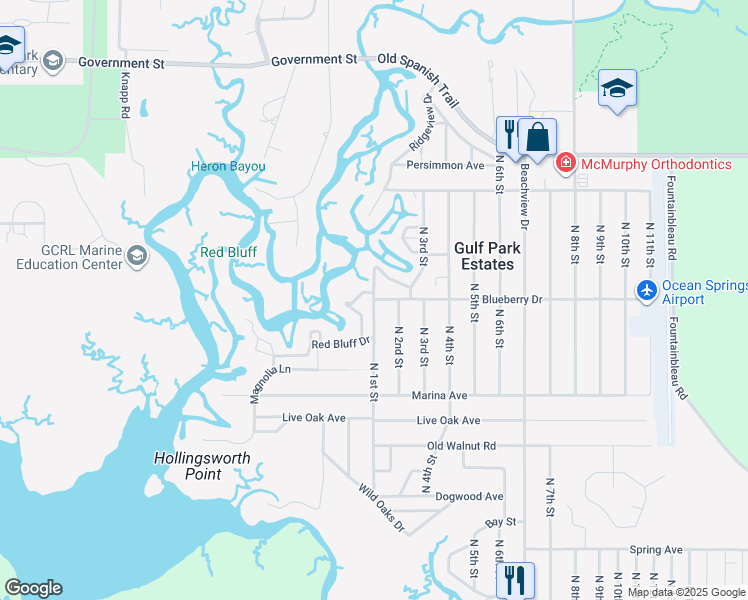map of restaurants, bars, coffee shops, grocery stores, and more near 9399 Blueberry Drive in Ocean Springs