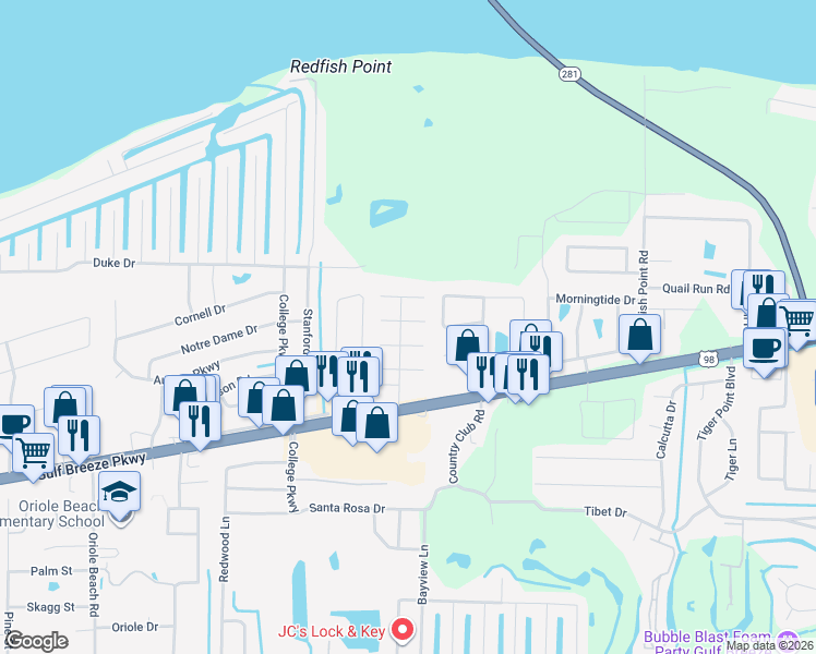 map of restaurants, bars, coffee shops, grocery stores, and more near 3360 Espanola Street in Gulf Breeze