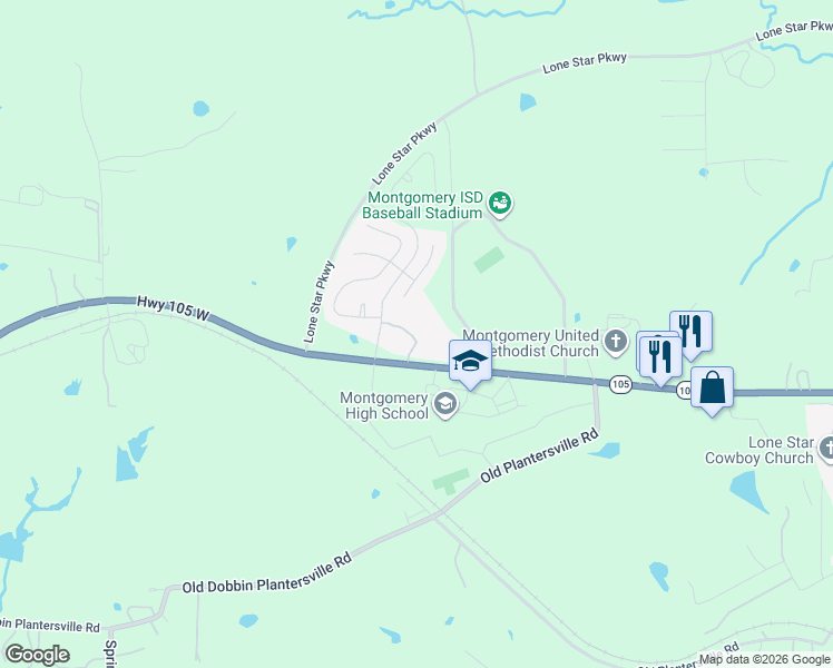 map of restaurants, bars, coffee shops, grocery stores, and more near 22870 Texas 105 in Montgomery