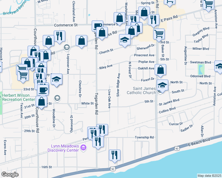 map of restaurants, bars, coffee shops, grocery stores, and more near 452 Live Oak Avenue in Gulfport