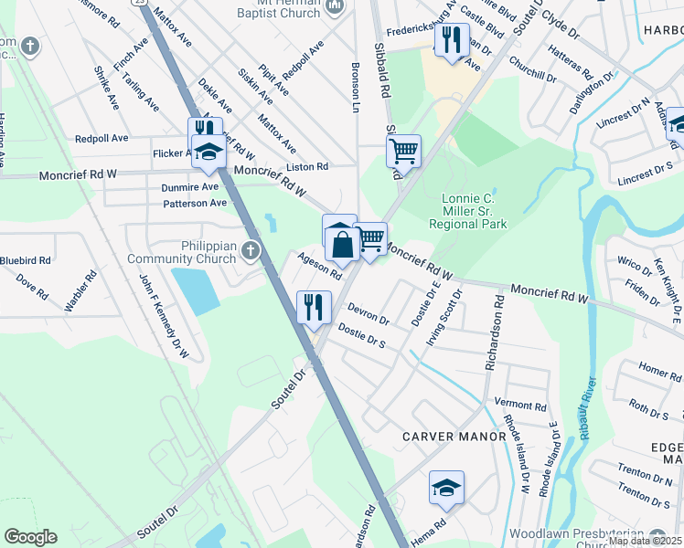map of restaurants, bars, coffee shops, grocery stores, and more near 7528 Hull Street in Jacksonville