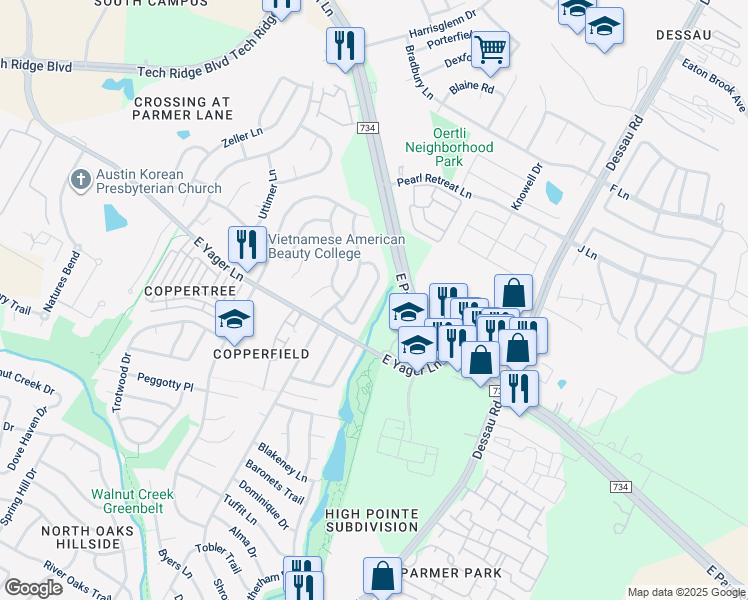 map of restaurants, bars, coffee shops, grocery stores, and more near 12315 Little Fatima Lane in Austin