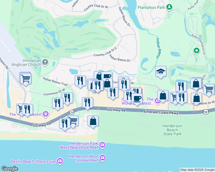 map of restaurants, bars, coffee shops, grocery stores, and more near 4014 Commons Drive West in Destin