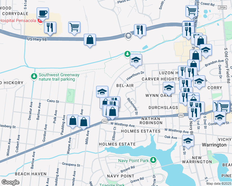map of restaurants, bars, coffee shops, grocery stores, and more near 1160 Hawthorn Drive in Pensacola