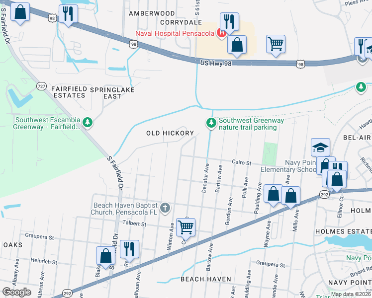 map of restaurants, bars, coffee shops, grocery stores, and more near 2200 Cairo Street in Pensacola