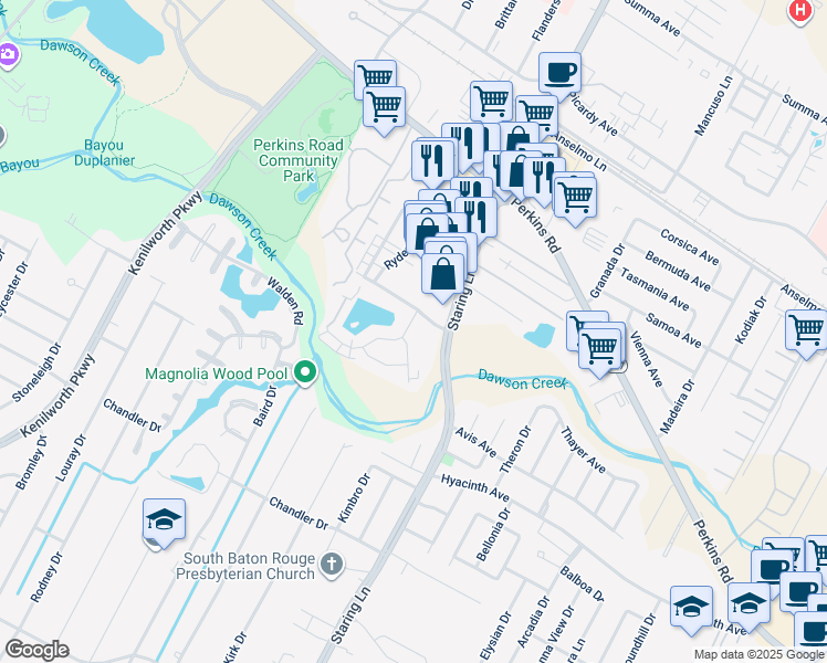 map of restaurants, bars, coffee shops, grocery stores, and more near 1724 Cedar Lake Drive in Baton Rouge