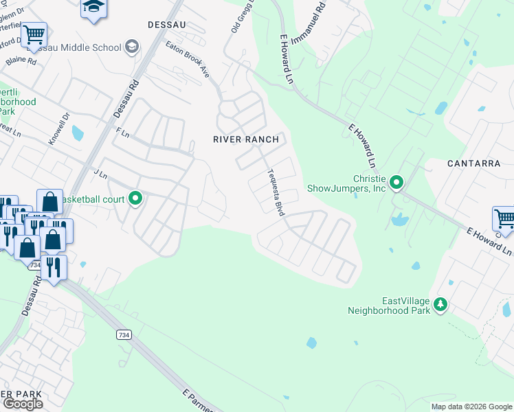 map of restaurants, bars, coffee shops, grocery stores, and more near 13021 Dessau Road in Austin