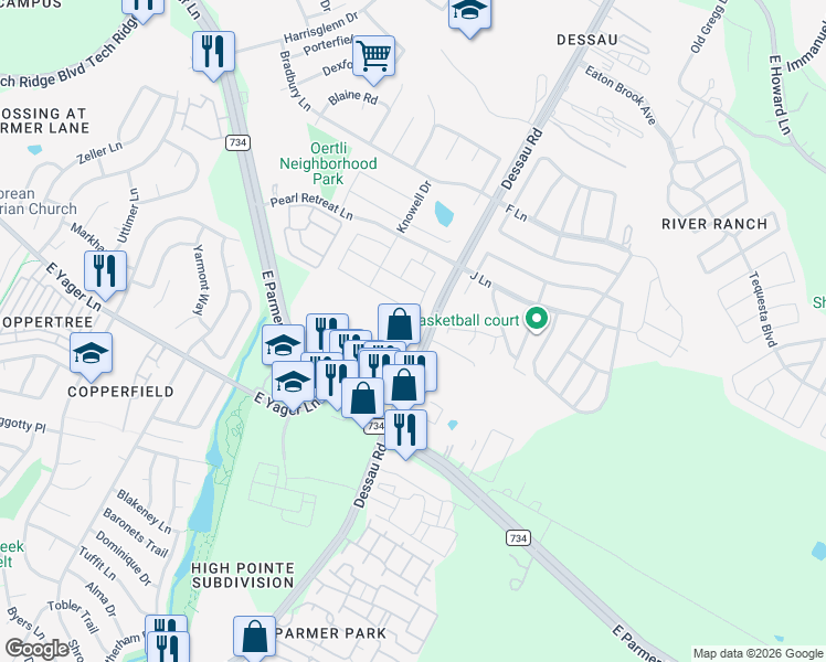 map of restaurants, bars, coffee shops, grocery stores, and more near 12408 Dessau Road in Austin