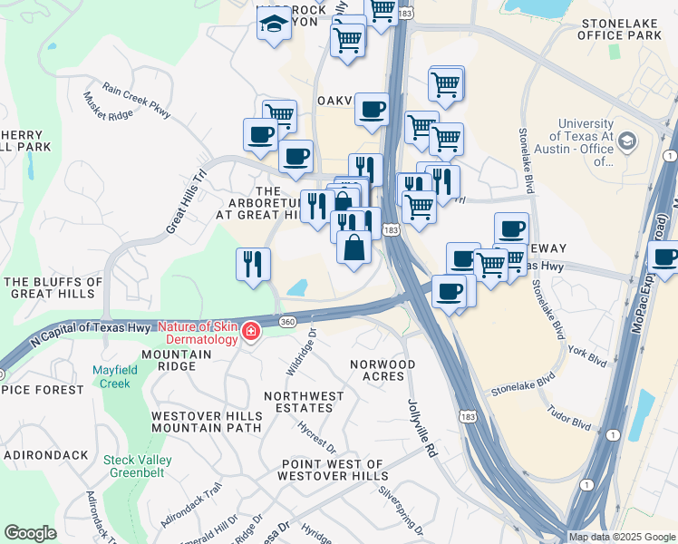 map of restaurants, bars, coffee shops, grocery stores, and more near 9442 North Capital of Texas Highway in Austin