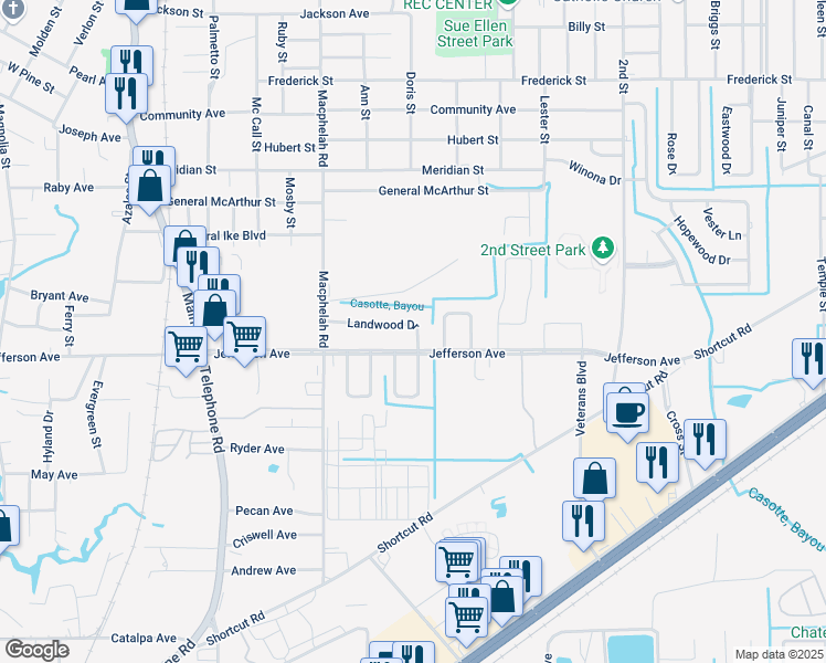 map of restaurants, bars, coffee shops, grocery stores, and more near 5037-5043 Landwood Drive in Moss Point