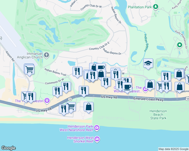 map of restaurants, bars, coffee shops, grocery stores, and more near 4014 Commons Drive West in Destin