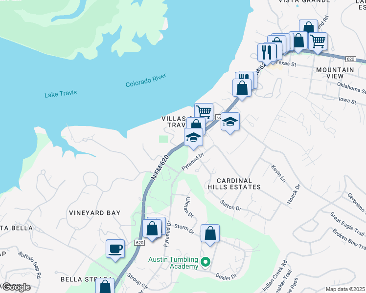 map of restaurants, bars, coffee shops, grocery stores, and more near 2909 Farm to Market Road 734 in Austin