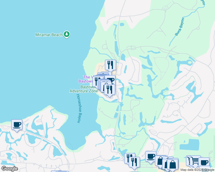 map of restaurants, bars, coffee shops, grocery stores, and more near 9200 Baytowne Wharf Boulevard in Miramar Beach