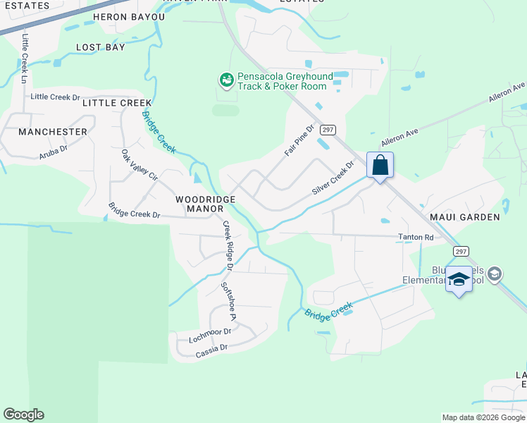 map of restaurants, bars, coffee shops, grocery stores, and more near 10769 Silver Creek Drive in Pensacola