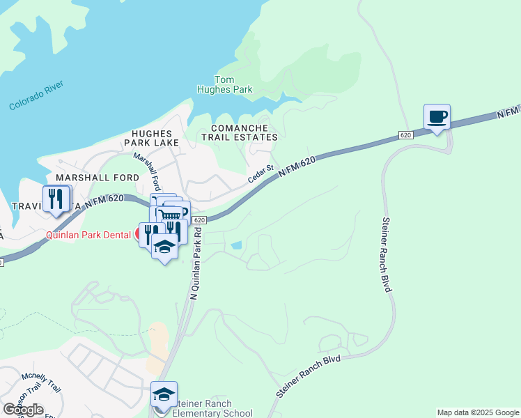 map of restaurants, bars, coffee shops, grocery stores, and more near 4915 North Quinlan Park Road in Austin