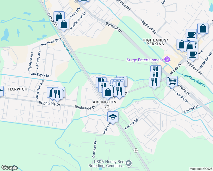map of restaurants, bars, coffee shops, grocery stores, and more near 1132 West Lee Drive in Baton Rouge