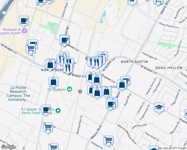 map of restaurants, bars, coffee shops, grocery stores, and more near West Braker Lane in Austin