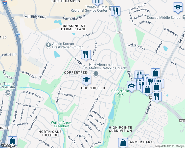 map of restaurants, bars, coffee shops, grocery stores, and more near 1101 East Yager Lane in Austin