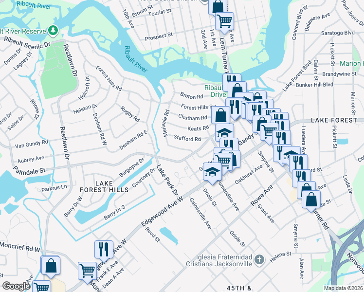 map of restaurants, bars, coffee shops, grocery stores, and more near 1742 Merivale Road South in Jacksonville