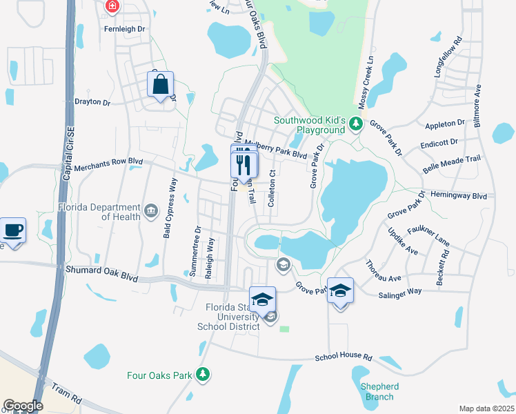 map of restaurants, bars, coffee shops, grocery stores, and more near 4090 Ivy Green Trail in Tallahassee