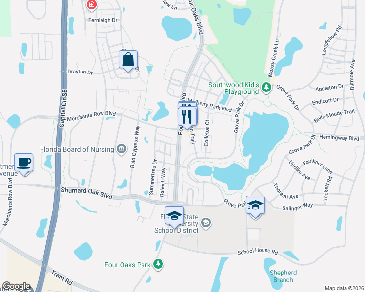 map of restaurants, bars, coffee shops, grocery stores, and more near 4118 Four Oaks Boulevard in Tallahassee