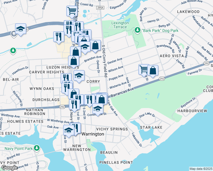map of restaurants, bars, coffee shops, grocery stores, and more near 1233 South Old Corry Field Road in Pensacola