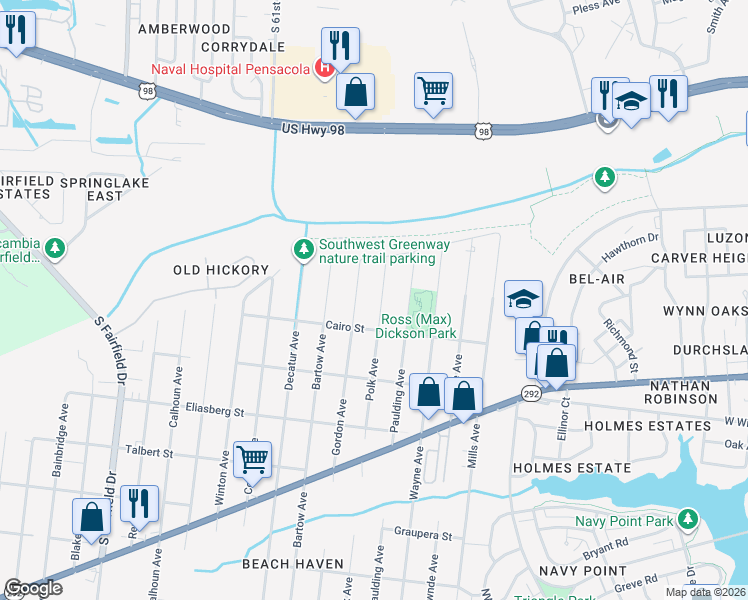 map of restaurants, bars, coffee shops, grocery stores, and more near 1111 Polk Avenue in Pensacola