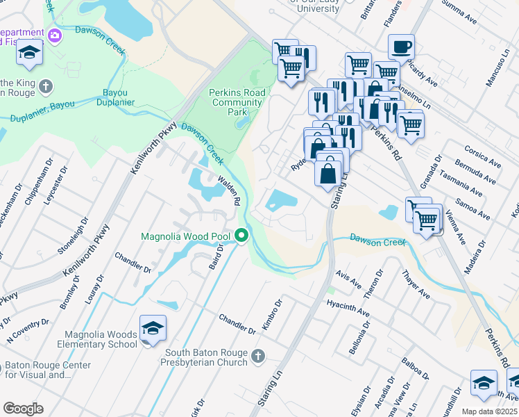 map of restaurants, bars, coffee shops, grocery stores, and more near 1446 Lake Calais Court in Baton Rouge