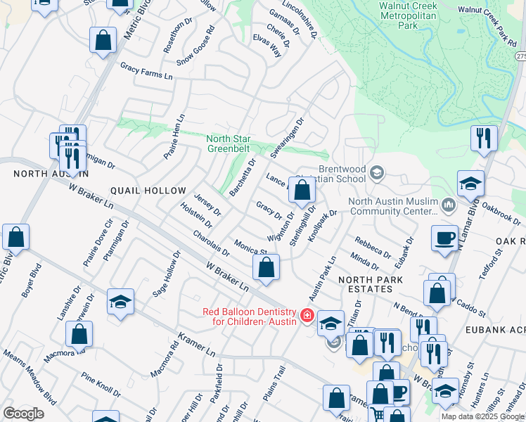 map of restaurants, bars, coffee shops, grocery stores, and more near 11607 Parkfield Drive in Austin