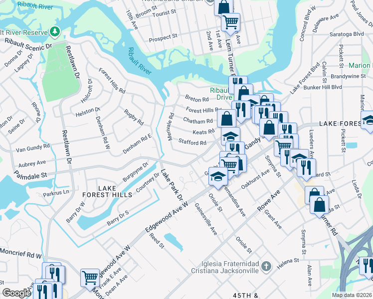 map of restaurants, bars, coffee shops, grocery stores, and more near 1742 Merivale Road South in Jacksonville