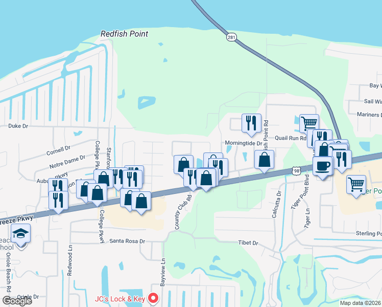 map of restaurants, bars, coffee shops, grocery stores, and more near 1601 Green Briar Parkway in Gulf Breeze