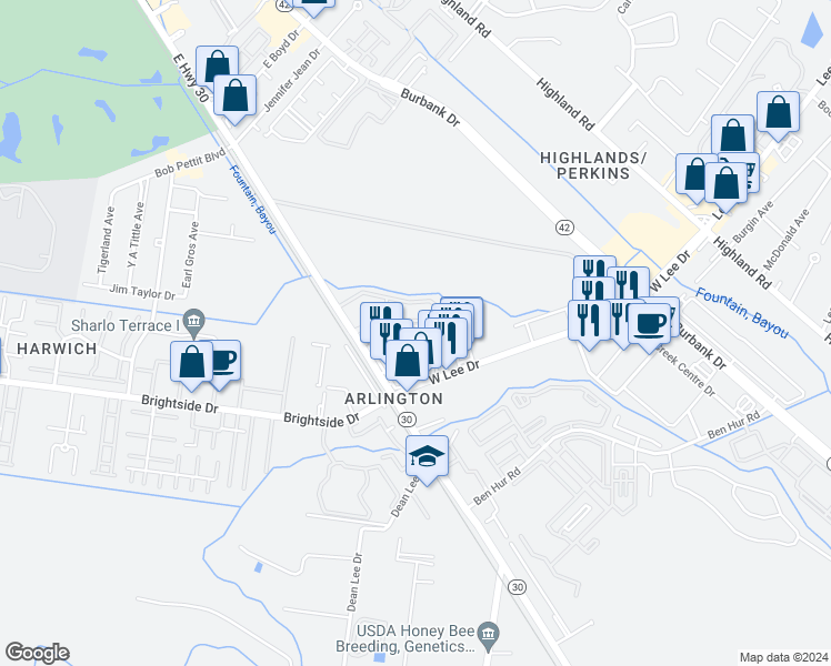 map of restaurants, bars, coffee shops, grocery stores, and more near 1132 West Lee Drive in Baton Rouge