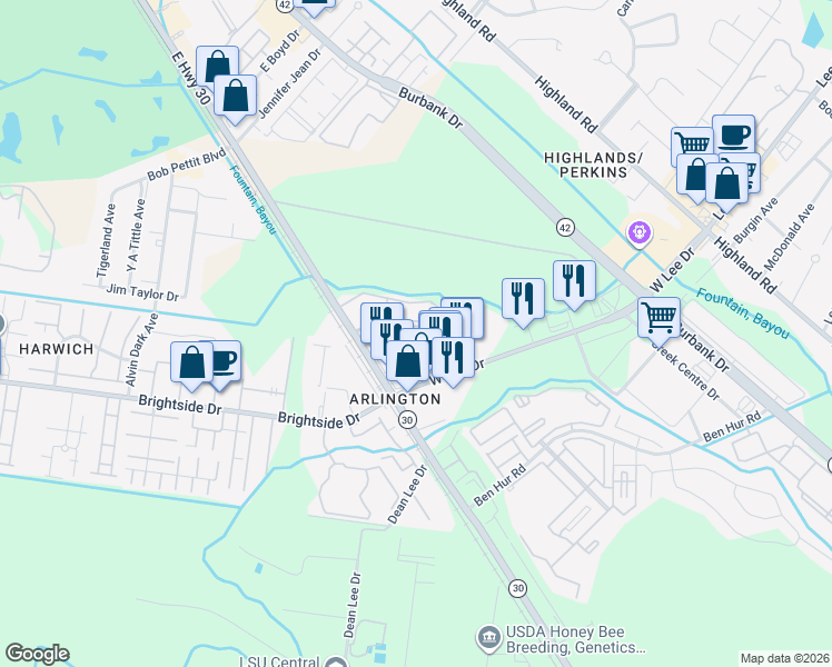 map of restaurants, bars, coffee shops, grocery stores, and more near 5145 Nicholson Drive in Baton Rouge