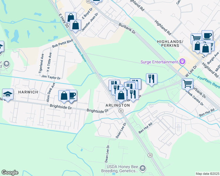 map of restaurants, bars, coffee shops, grocery stores, and more near 5131 Nicholson Drive in Baton Rouge