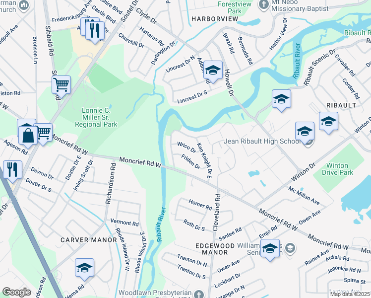 map of restaurants, bars, coffee shops, grocery stores, and more near 4611 Friden Drive in Jacksonville