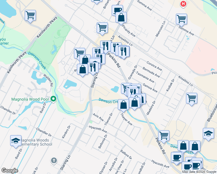 map of restaurants, bars, coffee shops, grocery stores, and more near 7730 Kings Hill Avenue in Baton Rouge