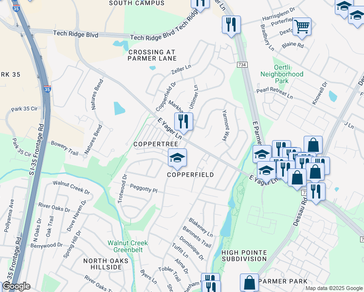 map of restaurants, bars, coffee shops, grocery stores, and more near 1101 East Yager Lane in Austin