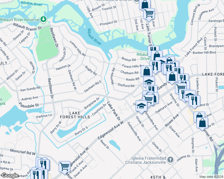 map of restaurants, bars, coffee shops, grocery stores, and more near 1796 Merivale Road South in Jacksonville