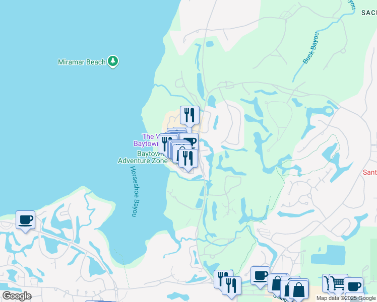 map of restaurants, bars, coffee shops, grocery stores, and more near 9100 Baytowne Wharf Boulevard in Miramar Beach