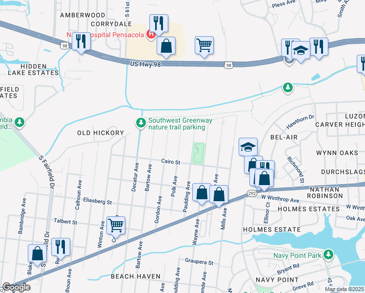 map of restaurants, bars, coffee shops, grocery stores, and more near 1112 Polk Avenue in Pensacola