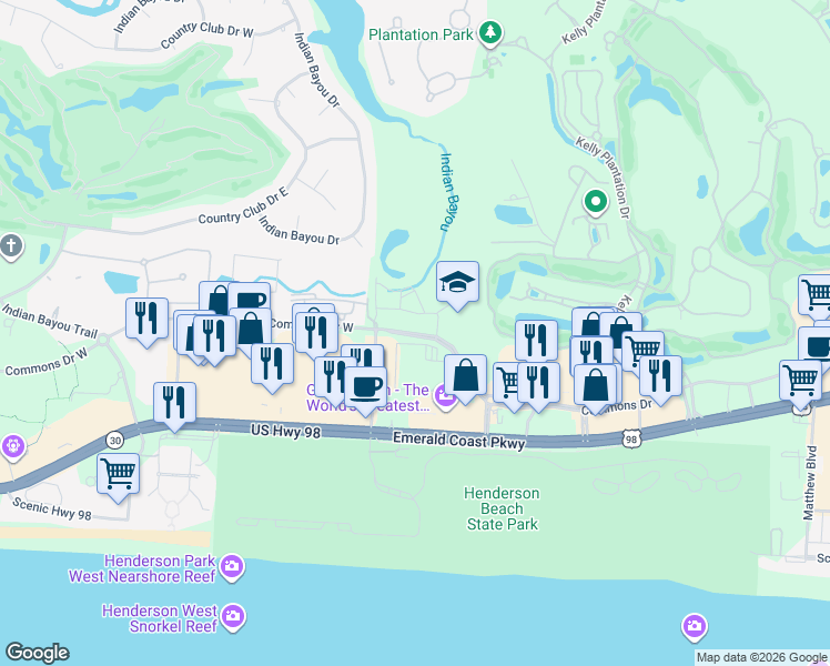 map of restaurants, bars, coffee shops, grocery stores, and more near 4249 Commons Drive West in Destin