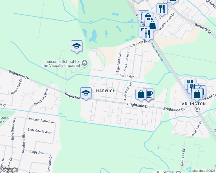 map of restaurants, bars, coffee shops, grocery stores, and more near 1434 Sharlo Avenue in Baton Rouge