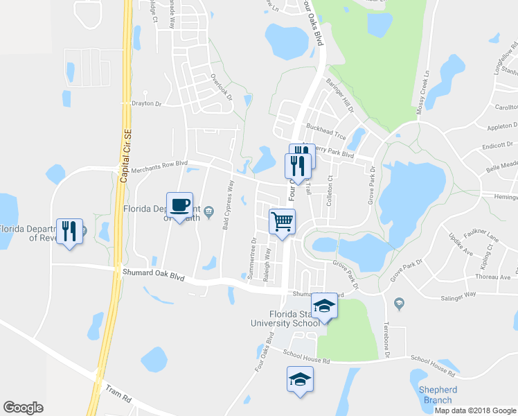 map of restaurants, bars, coffee shops, grocery stores, and more near 4221 Summertree Drive in Tallahassee